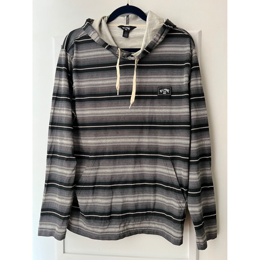 Billabong Mens Medium Striped Hooded Long Sleeve Pullover Shirt Black Grey Teal